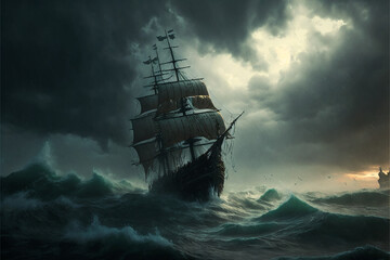Naklejka premium Flying Dutchman, ghost ship. A legend that exists throughout the world. Generative AI.