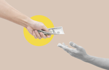 Digital collage modern art. Hand giving and receiving money - 559263568