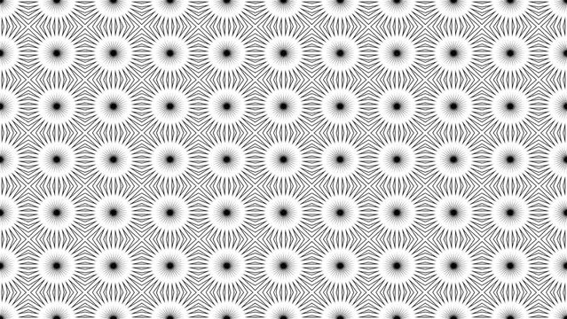 Pulsing suns turning into shining stars dynamic loop pattern on white background. Flowers tile filled pattern background loop. Creative hypnotic design backdrop.