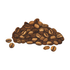 Watercolor fresh roasted brown group pile of coffee beans. Hand-drawn illustration isolated on white background.Perfect food menu, concept for cafe, restaurant element, recipe book, cooking graphics