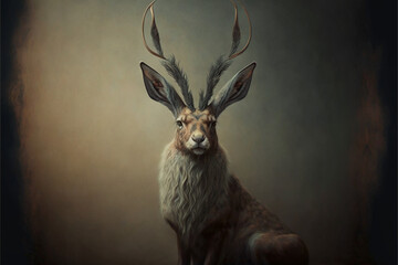 Jackalope, animal mix of hare and antelope or deer. American folklore. Generative AI. - obrazy, fototapety, plakaty