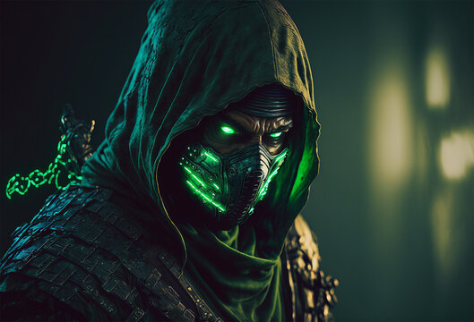 green samurai ninja, deadly warrior in the shadows, terrifying assassin.