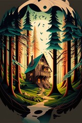 Beautiful tree-house in the forest, flat vector illustration made with Generative AI