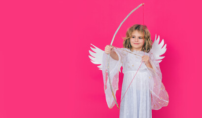 Cupids arrow hit right in heart, arrow of love. Angel kid shoots a love arrow from a bow on...