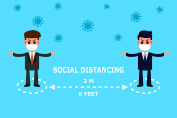 Businessmen stand apart from each other. Spacing between people to stop the coronavirus epidemic. Social distancing concept. Vector illustration.