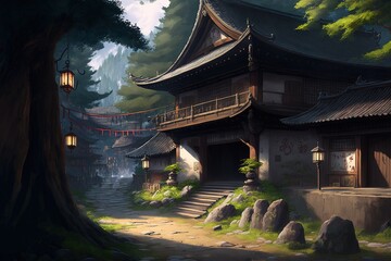 Fantasy Japanese Village Background, Concept Art, Digital Illustration, Generative AI