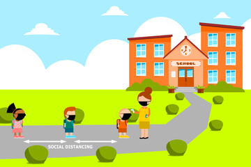 Back to school new normal lifestyle of children wearing masks and keeping their social distancing to get on school. Teacher who checks the body temperature of a student. Vector illustration.