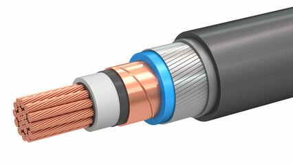 Structure of copper cable on white background. Cut of insulation, wire jacket and shielding of conductive core. 3d illustration