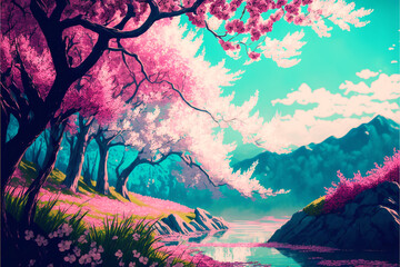 Aesthetic wallpaper with landscape of trees in nature. Generative AI.