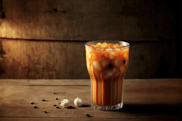 Thai tea or thai drink, made from milk, sugar and Ceylon. Generative AI. - obrazy, fototapety, plakaty