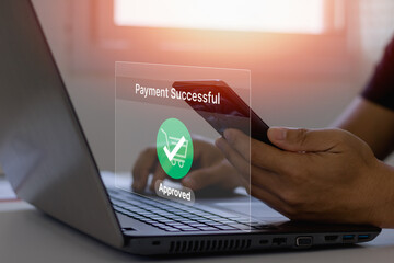 Smartphone with Online payment, Hand touch banking online bill payment Approved concept button,...