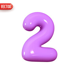 Number 2. Purple Number two. Realistic 3d design In cartoon style. Icon isolated on white background. vector illustration