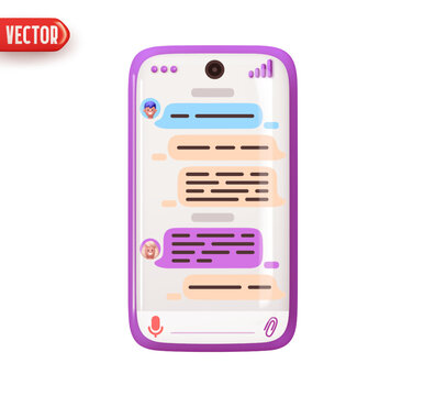 Mobile phone on screen chat correspondence with friend. Mobile application of social networks. Smartphone internet communication. Stylish design in cartoon 3d style. vector illustration