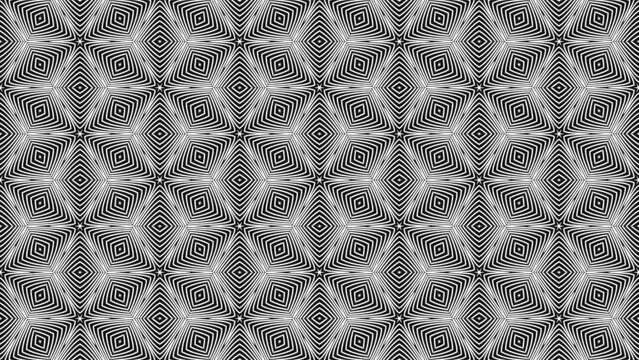 Hexagon striped lines stars pattern on black background loop. Creative hypnotic design backdrop. Hipnosis dynamic loop pattern.