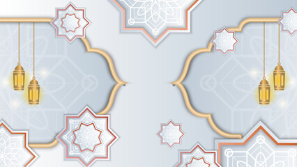 Elegant realistic white and gold ramadan kareem islamic illustration background for decorative pattern festival card. Arabic ornamental background in paper style