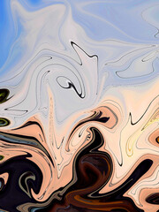 Liquid abstract background with a composition of blue on top and orange, brown and black on the bottom.