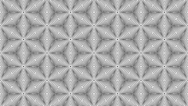 Hexagon striped lines stars pattern on white background. Flowers tile filled pattern background loop. Creative hypnotic design backdrop.