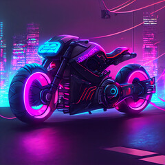 Obraz na płótnie Canvas Cyberpunk motorcycle or motorbike in street with neon lights