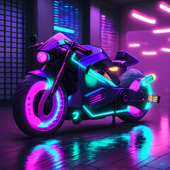 Cyberpunk motorcycle or motorbike in street with neon lights