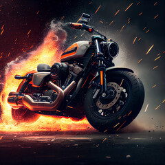 stunning classic motorbike on fire, epic chopper or scrambler motorcycle