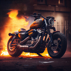 stunning classic motorbike on fire, epic chopper or scrambler motorcycle