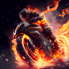 Stunning photo of biker motorcyclist driving sportbike on fire