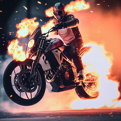 Fototapeta na wymiar Stunning photo of biker motorcyclist driving sportbike on fire