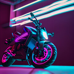 Naklejka na ściany i meble Stunning photo of biker motorcyclist driving sportbike with neon lights
