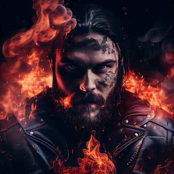 Man portrait on fire, epic avatar 3d render illustration