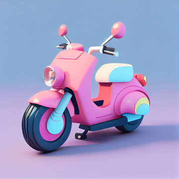 Cute kawaii pink motorcycle 3d render illustration