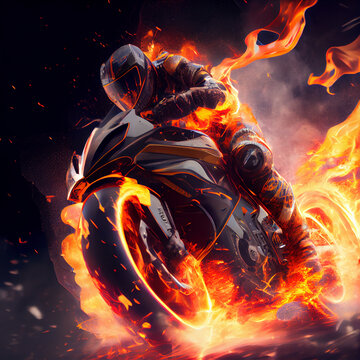 Stunning photo of biker motorcyclist driving sportbike on fire
