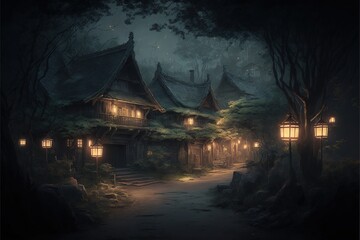 Fantasy Japanese Village at Night, Concept Art, Digital Illustration