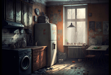 old dirty kitchen and laundry room and dining room, kitchenette with dining table and refrigerator and washing machine. Generative AI