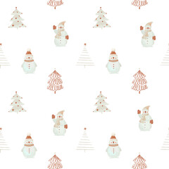 Beautiful vector seamless Christmas pattern with cute hand drawn winter fir trees and snowman. Stock illustration. Spruce forest. Celebration wallpaper.