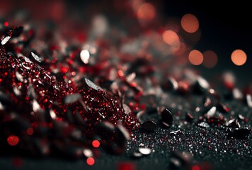 red and silver glittery confetti scattered on a black background, with the glitter in sharp focus and the background slightly blurred (AI Generated)