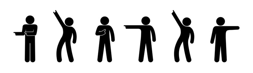 stick figure man icons, direction gestures, human silhouette, stickman isolated