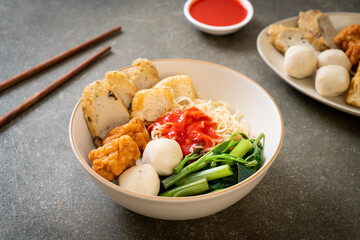 egg noodles with fish balls and shrimp balls in pink sauce, Yen Ta Four or Yen Ta Fo