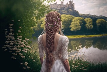 illustration of beautiful woman wearing hair braid with bow and flower with nature and ancient castle as background - obrazy, fototapety, plakaty