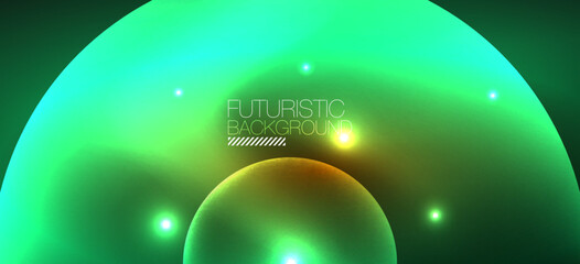Abstract background with neon glowing light effects. Round shapes, triangles and circles. Wallpaper for concept of AI technology, blockchain, communication, 5G, science, business and technology