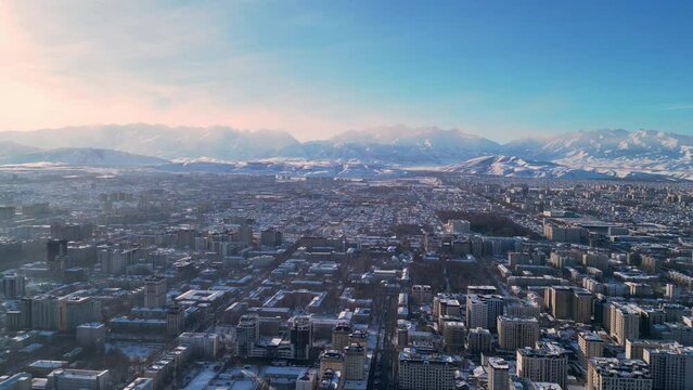 Bishkek, Kyrgyzstan - January 5, 2023: Aerial view of Bishkek city's Ala-Too central square