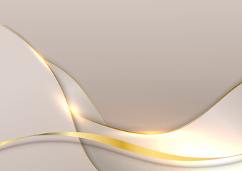 Abstract 3D luxury golden wave form ribbon lines elements with glowing light effect on pink background.