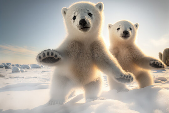 Very cute photo of 2 expressive baby polar bears cubs on the snow, both are standing up and the view is from a low angle.  This image was created by digital art. 
