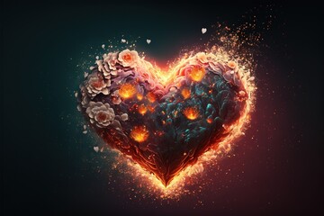 Heart of flowers on fire, Valentine against dark background, generative AI