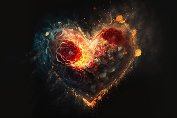 Burning heart with flowers against dark background, generative AI