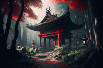 The entrance to the red Japanese shrine is in a deep forest covered with trees, shining in the sunlight With Generative AI
