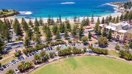 Aerial drone view of iconic Coogee Beach in Sydney, NSW Australia on a sunny day in January 2023   
