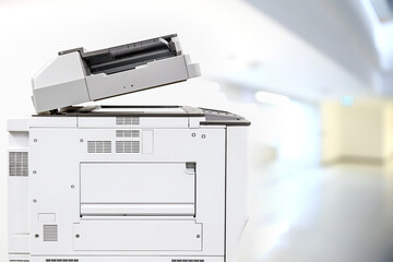 Photocopier printer, The copier or photocopy machine office equipment workplace on white wall background for scanner or scanning document and printing or copy paper duplicate and Xerox. - obrazy, fototapety, plakaty