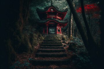 The stairs leading to the entrance of a red Japanese shrine deep in the forest, densely covered with trees, red leaves With Generative AI
