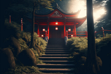 In front of the stairs leading up to the red Japanese shrine in a deep forest, a large tree and a large rock stand in front of the shrine With Generative AI