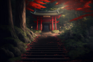 In front of the stairs leading up to the red Japanese shrine in the deep forest, a big tree, red leaves fall on the stairs With Generative AI